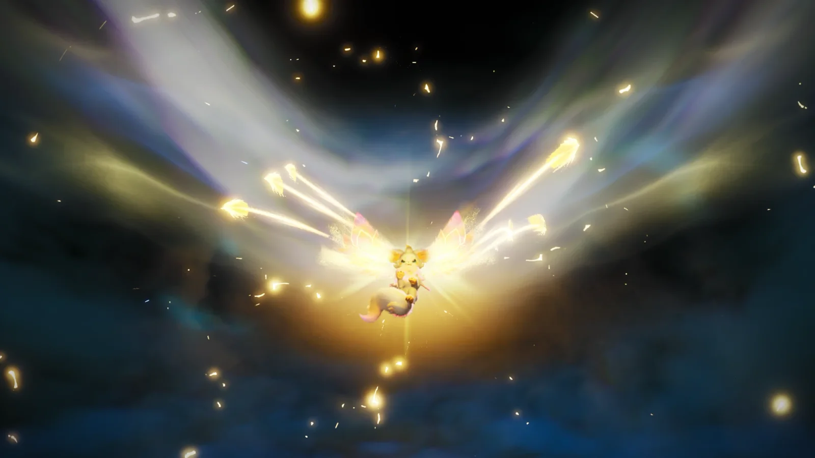 Ein kleines goldenes Aniimo mit leuchtenden Schmetterlingsflügeln schwebt in einem hellen Lichtstrahl vor einem dunklen Sternenhimmel, umgeben von goldenen Funken und Federn