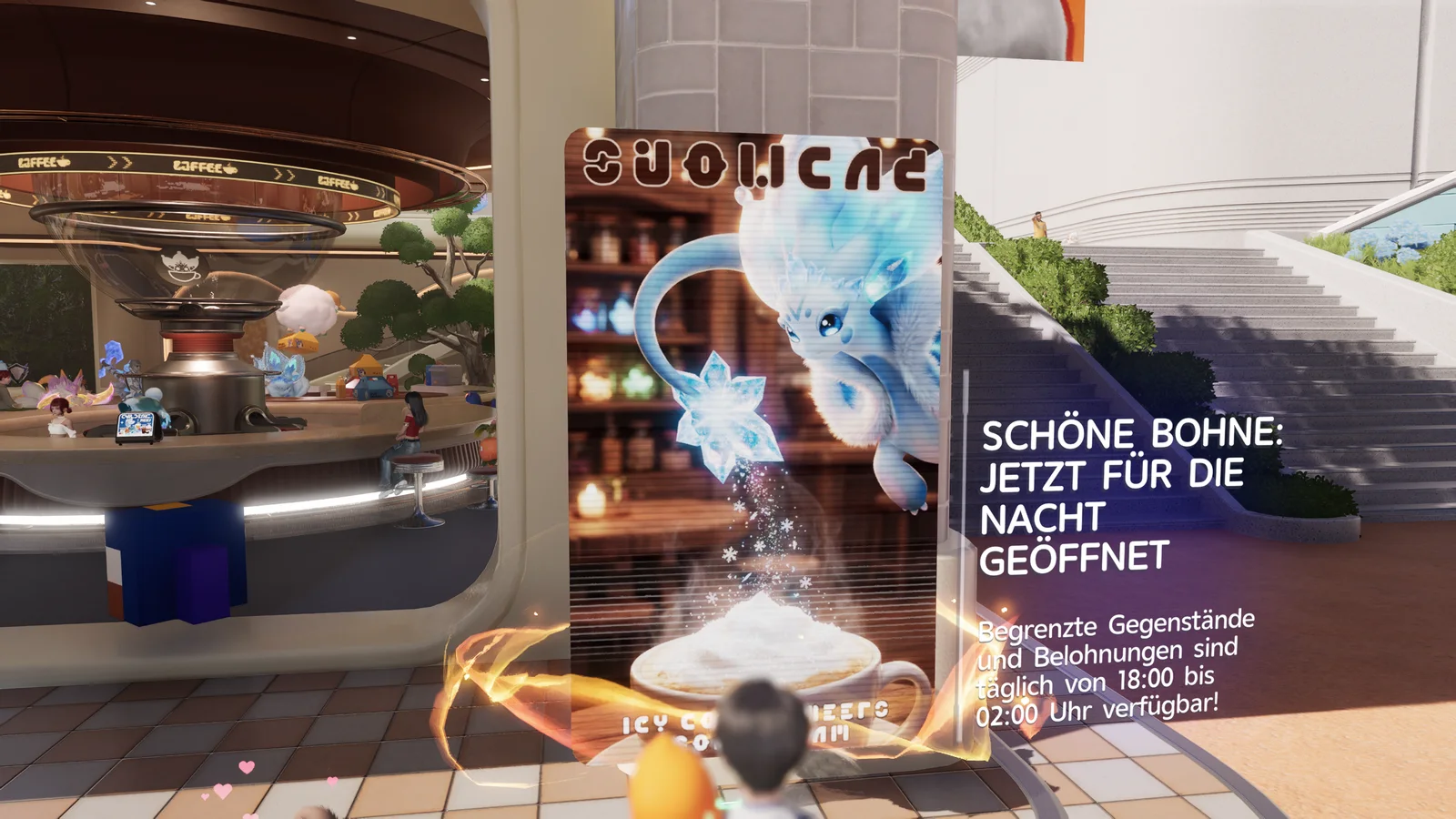 Wiederhergestelltes Plakat im Café Schöne Bohne in Astra mit eisblauem Aniimo und Kaffeetasse, daneben der Text Schöne Bohne: Jetzt für die Nacht geöffnet, Begrenzte Gegenstände und Belohnungen sind täglich von 18:00 bis 02:00 Uhr verfügbar