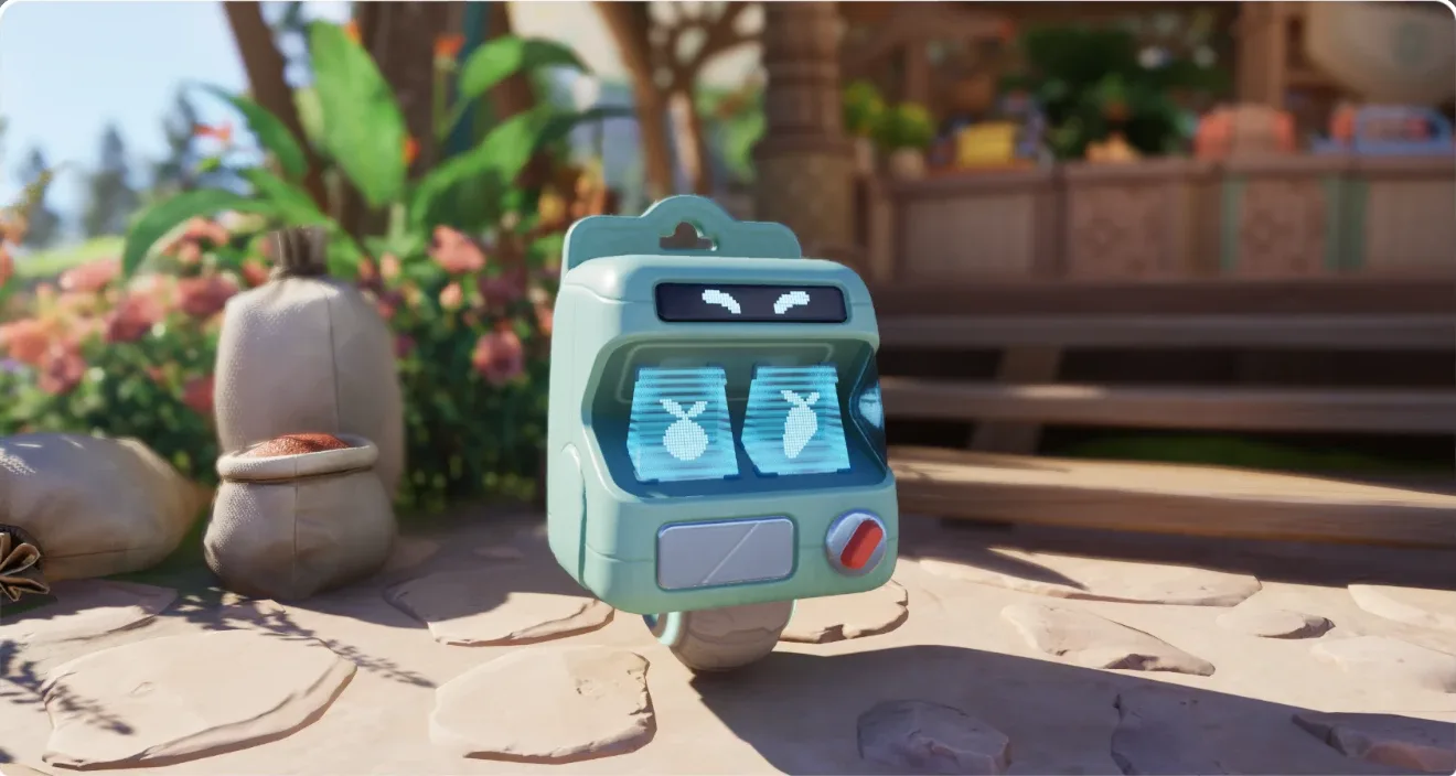Bini, der Roboter-NPC der Heimstatt mit Bildschirmgesicht und zwei Fischsymbolen, vor Säcken und Blumen