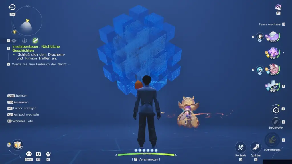 Große Struktur aus blau leuchtenden Würfeln mit Pixelraster über dem Spieler in einem blauen Raum, daneben das goldene Aniimo