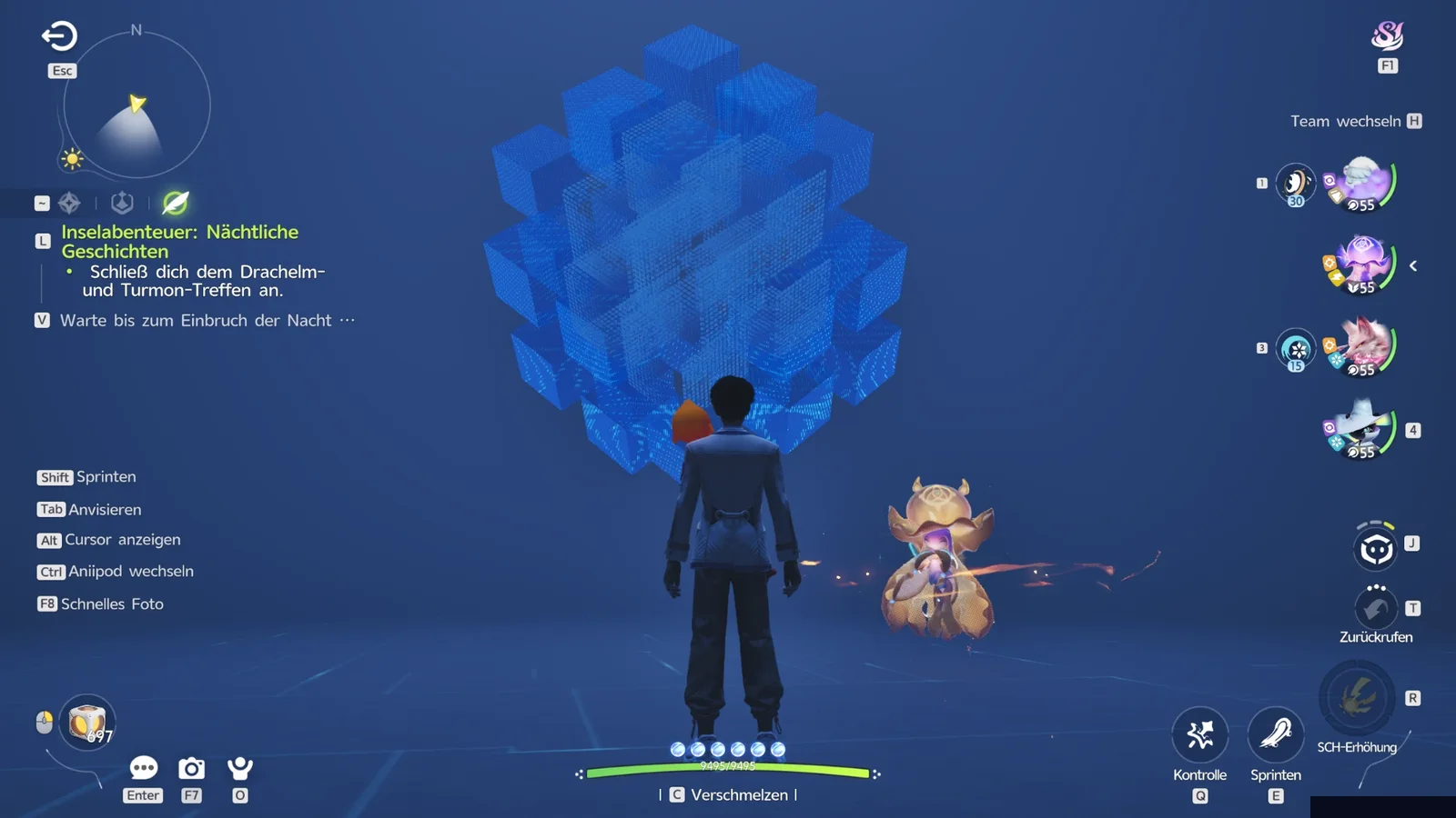 Große Struktur aus blau leuchtenden Würfeln mit Pixelraster über dem Spieler in einem blauen Raum, daneben das goldene Aniimo