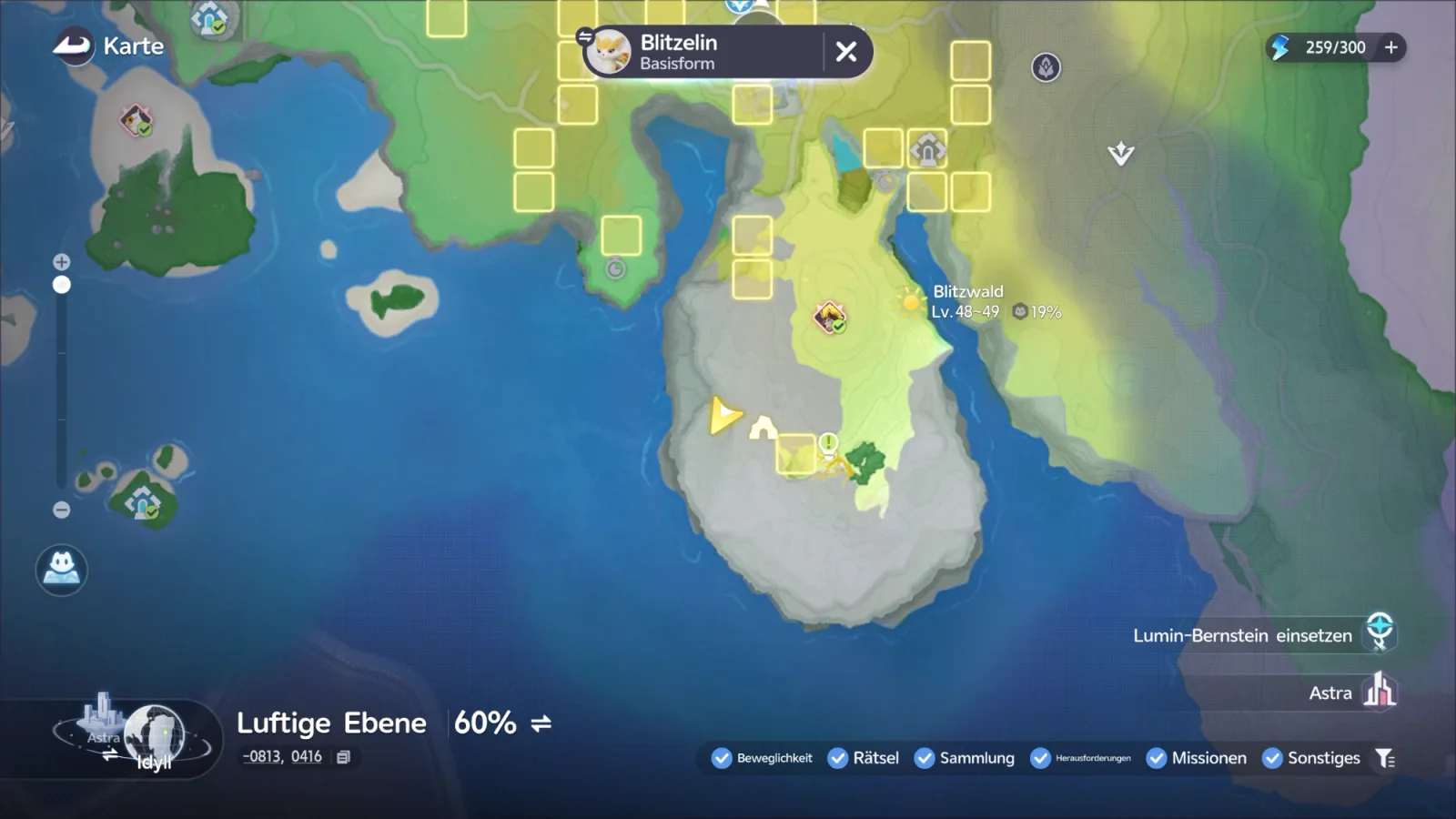 Karte des Blitzwalds mit verfolgtem Blitzelin in der Basisform: gelbe Kästchen zeigen sein Vorkommen, der Spielerpfeil steht neben einem weißen Höhlen-Symbol, daneben ein grüner Baum mit gelben Wurzeln, Koordinaten -0813, 0416