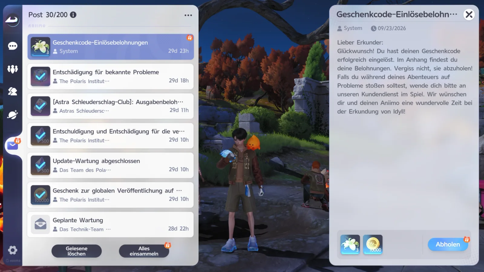 Postfach im Spiel: ausgewählte Nachricht „Geschenkcode-Einlösebelohnungen“ vom System, 09/23/2026, mit dem Text „Glückwunsch! Du hast deinen Geschenkcode erfolgreich eingelöst. Im Anhang findest du deine Belohnungen. Vergiss nicht, sie abzuholen!“ Unten zwei Belohnungen: eine weiße Blume ×3 und eine goldene Münze ×10000, dazu die Schaltfläche Abholen