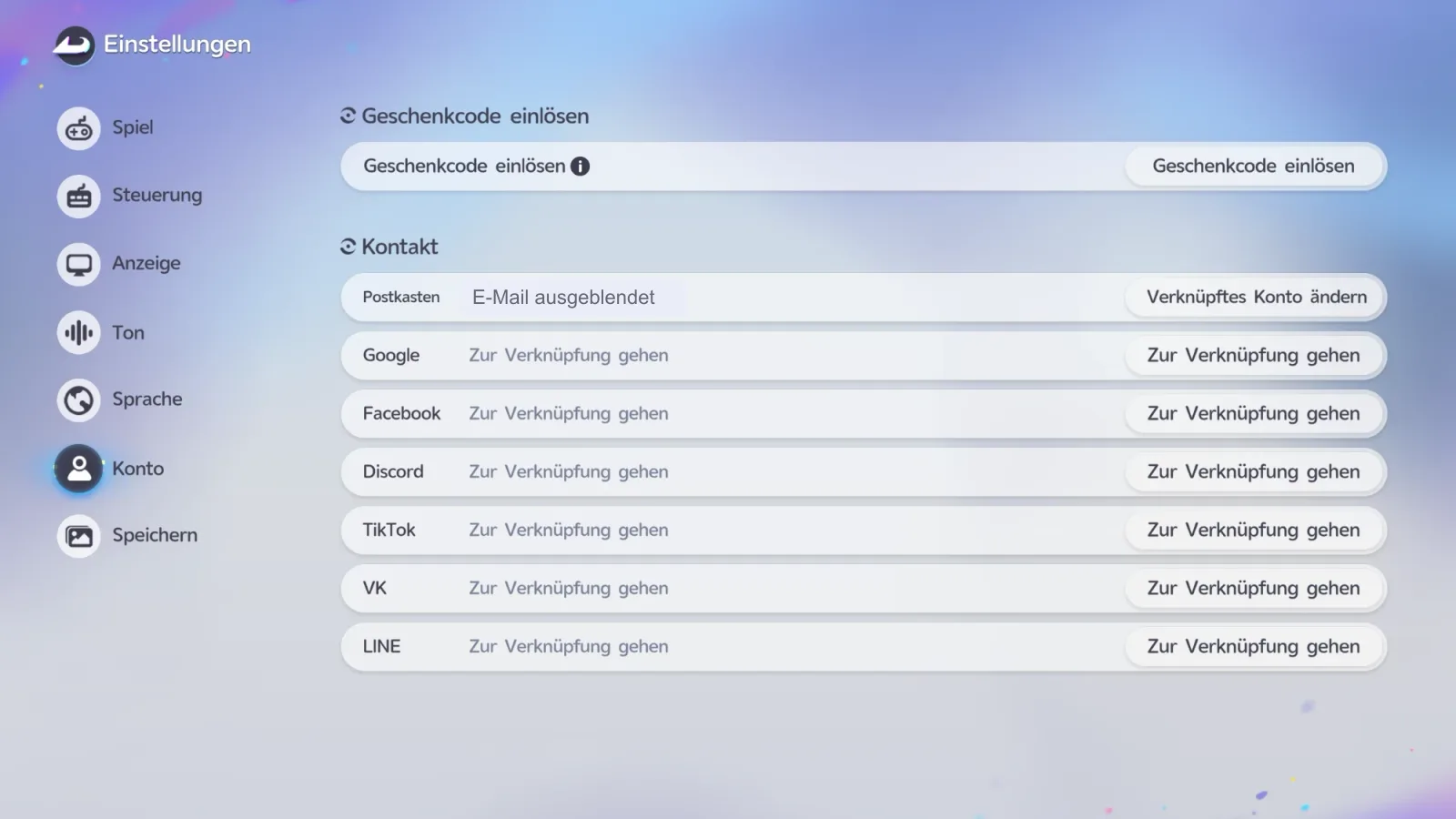 Einstellungen im Reiter Konto: Geschenkcode einlösen und Kontakt mit Verknüpfungen für Google, Facebook, Discord, TikTok, VK und LINE