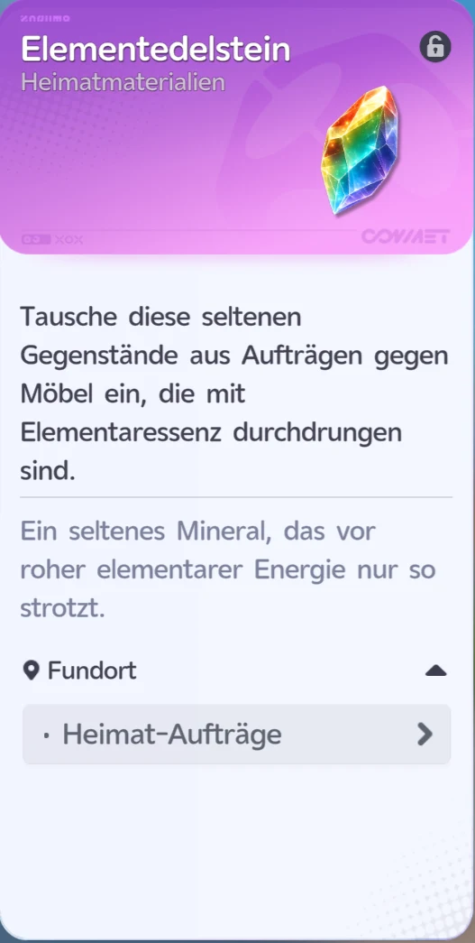 Item-Karte Elementedelstein (Heimatmaterialien): regenbogenfarbener Kristall, Beschreibung Tausche diese seltenen Gegenstände aus Aufträgen gegen Möbel ein, Fundort Heimat-Aufträge