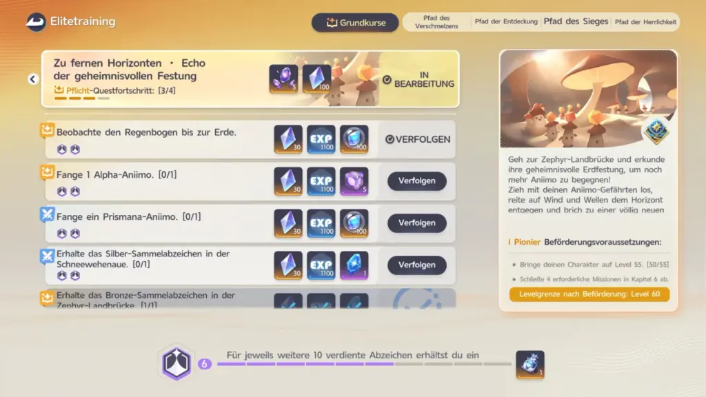 Elitetraining im Spiel, Reiter Grundkurse: Pflicht-Questfortschritt 3/4 mit fünf Aufgaben und den Beförderungsvoraussetzungen Level 55 und vier Missionen in Kapitel 6