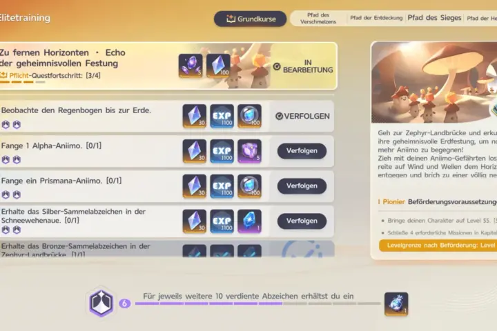 Elitetraining im Spiel, Reiter Grundkurse: Pflicht-Questfortschritt 3/4 mit fünf Aufgaben und den Beförderungsvoraussetzungen Level 55 und vier Missionen in Kapitel 6