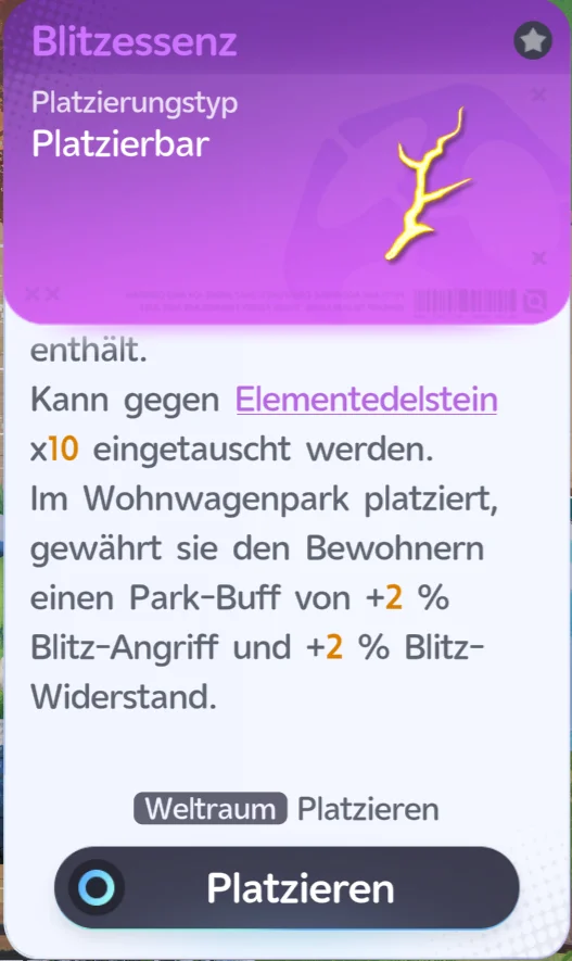 Essenz-Möbel Blitzessenz: gelber Blitzzweig, Platzierungstyp Platzierbar, Park-Buff +2 % Blitz-Angriff und +2 % Blitz-Widerstand im Wohnwagenpark