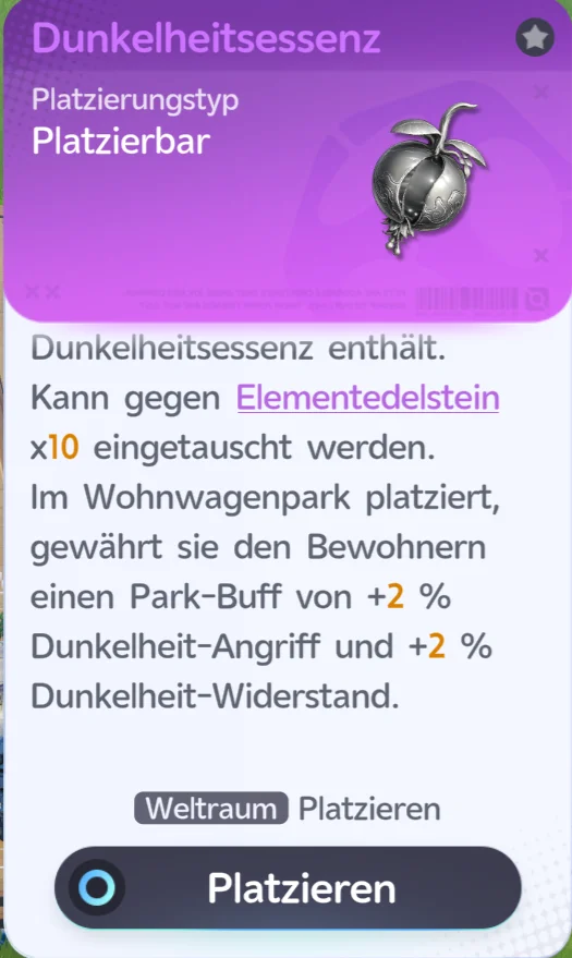 Essenz-Möbel Dunkelheitsessenz: silberne Frucht, Platzierungstyp Platzierbar, Park-Buff +2 % Dunkelheit-Angriff und +2 % Dunkelheit-Widerstand im Wohnwagenpark