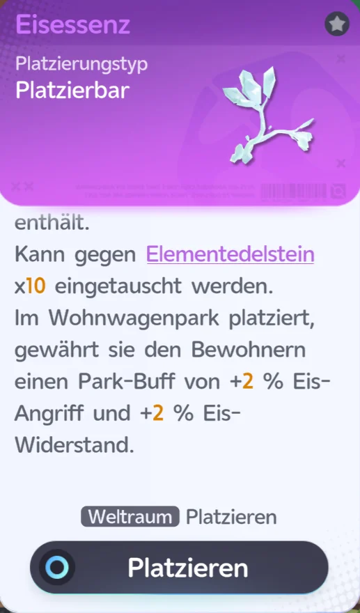 Essenz-Möbel Eisessenz: Kristallzweig, Platzierungstyp Platzierbar, Park-Buff +2 % Eis-Angriff und +2 % Eis-Widerstand im Wohnwagenpark