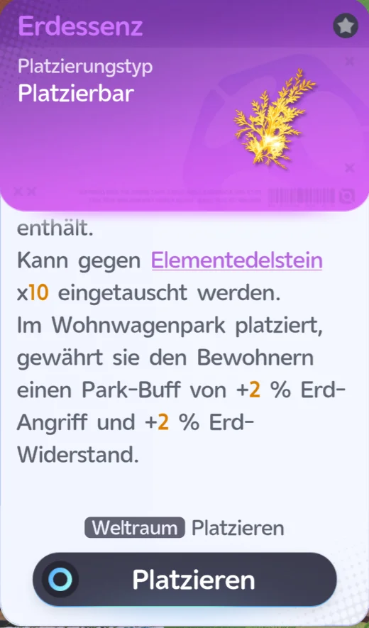 Essenz-Möbel Erdessenz: goldener Zweig, Platzierungstyp Platzierbar, Park-Buff +2 % Erd-Angriff und +2 % Erd-Widerstand im Wohnwagenpark