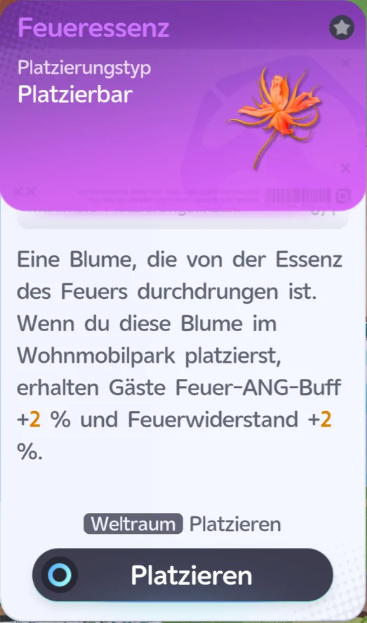 Essenz-Möbel Feueressenz: orange Blume, Platzierungstyp Platzierbar, Park-Buff +2 % Feuer-ANG-Buff und +2 % Feuerwiderstand im Wohnwagenpark