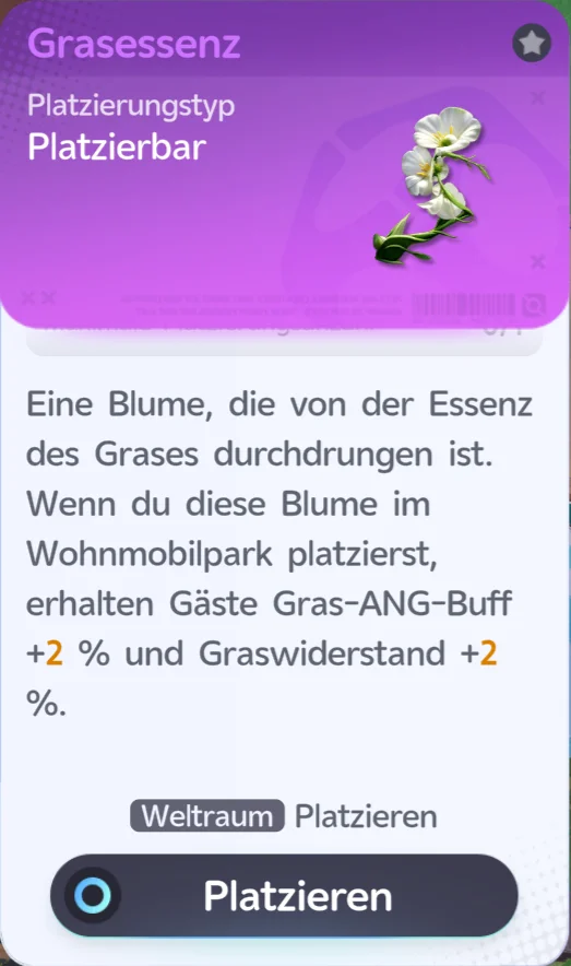 Essenz-Möbel Grasessenz: weiße Blume, Platzierungstyp Platzierbar, Park-Buff +2 % Gras-ANG-Buff und +2 % Graswiderstand im Wohnwagenpark