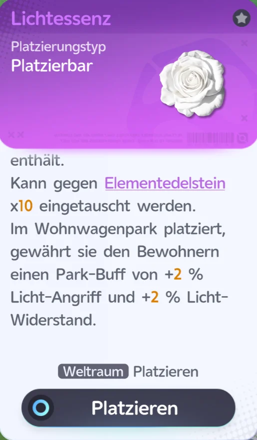Essenz-Möbel Lichtessenz: weiße Rose, Platzierungstyp Platzierbar, Park-Buff +2 % Licht-Angriff und +2 % Licht-Widerstand im Wohnwagenpark