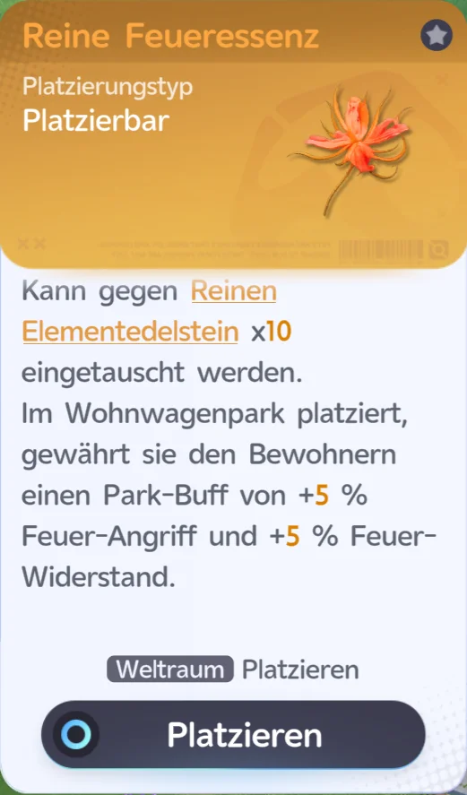 Essenz-Möbel Reine Feueressenz: orange Blume (legendär, goldene Karte), Platzierungstyp Platzierbar, Park-Buff +5 % Feuer-Angriff und +5 % Feuer-Widerstand im Wohnwagenpark