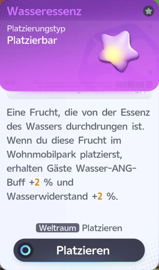 Essenz-Möbel Wasseressenz: Frucht in Sternform (violett), Platzierungstyp Platzierbar, Park-Buff +2 % Wasser-ANG-Buff und +2 % Wasserwiderstand im Wohnwagenpark