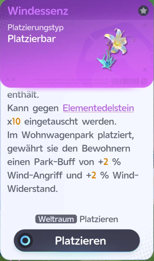 Essenz-Möbel Windessenz: Lilie, Platzierungstyp Platzierbar, Park-Buff +2 % Wind-Angriff und +2 % Wind-Widerstand im Wohnwagenpark