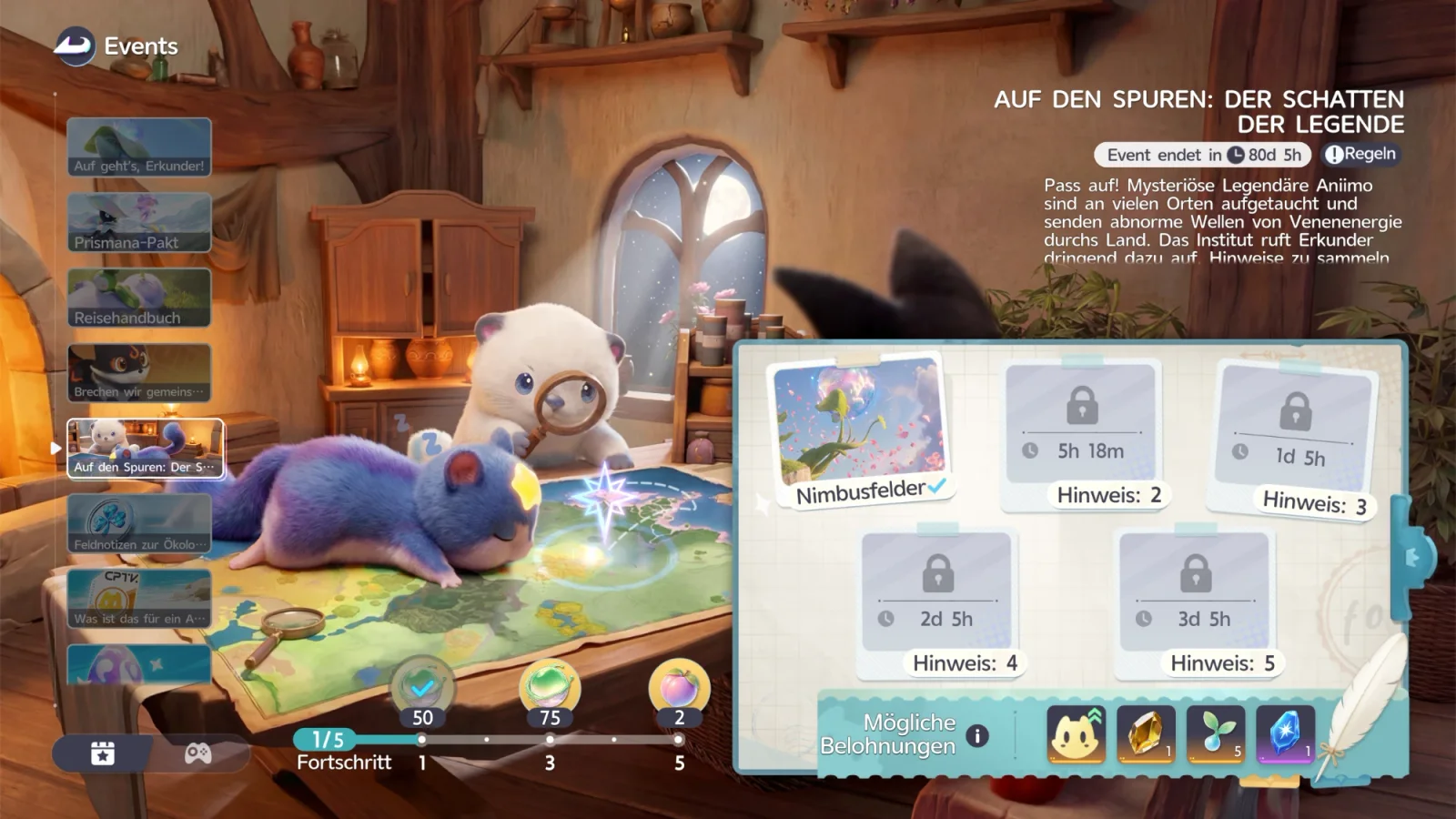 Event Auf den Spuren: Der Schatten der Legende, Nimbusfelder abgeschlossen, Fortschritt 1 von 5, Hinweis 2 in 5 Stunden 18 Minuten