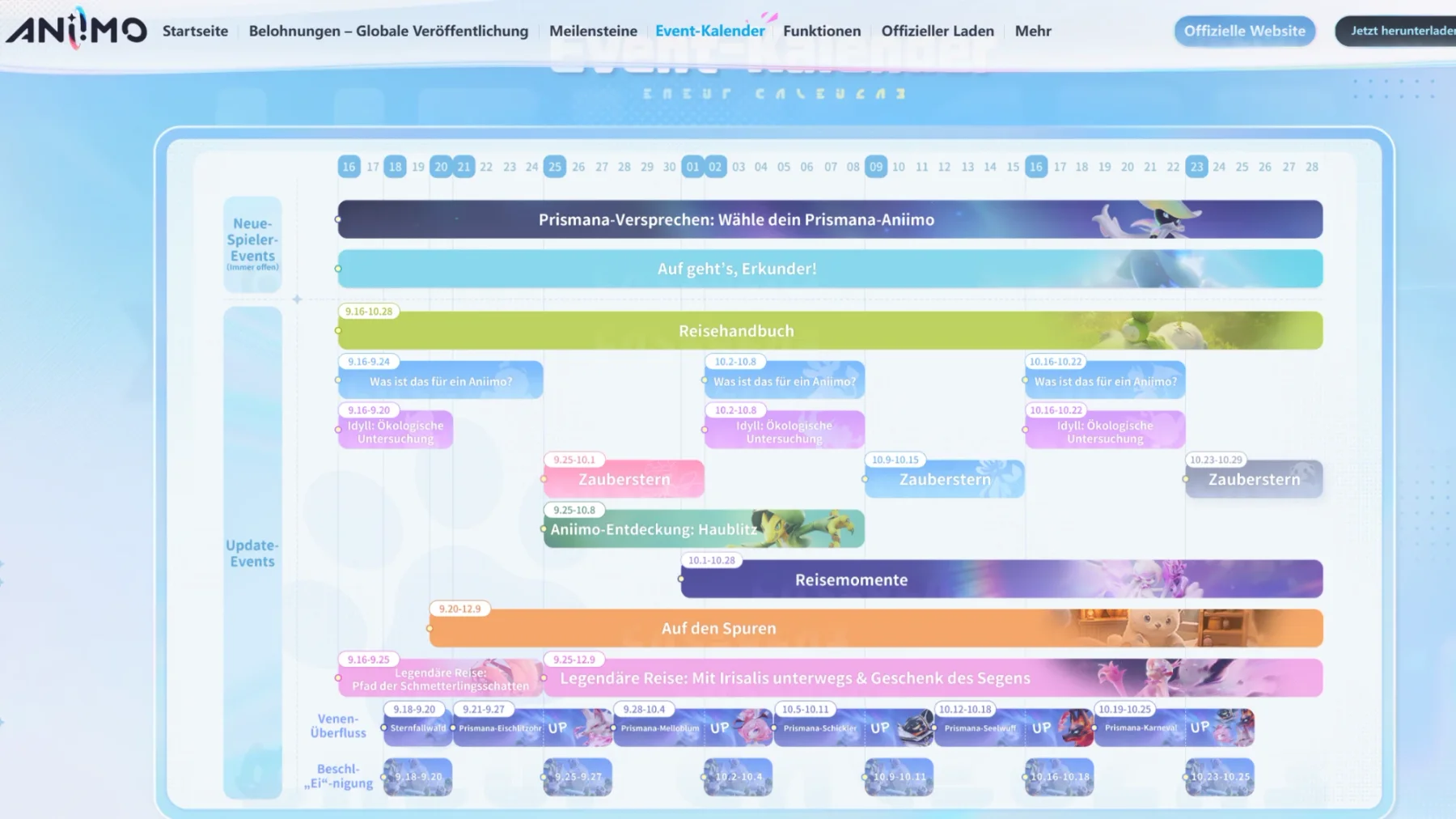 Offizieller Aniimo Event-Kalender vom 16. September bis 28. Dezember: Prismana-Versprechen, Reisehandbuch, Zauberstern, Aniimo-Entdeckung Haublitz, Legendäre Reise Irisalis, Venen-Überfluss und Beschleunigungs-Ei