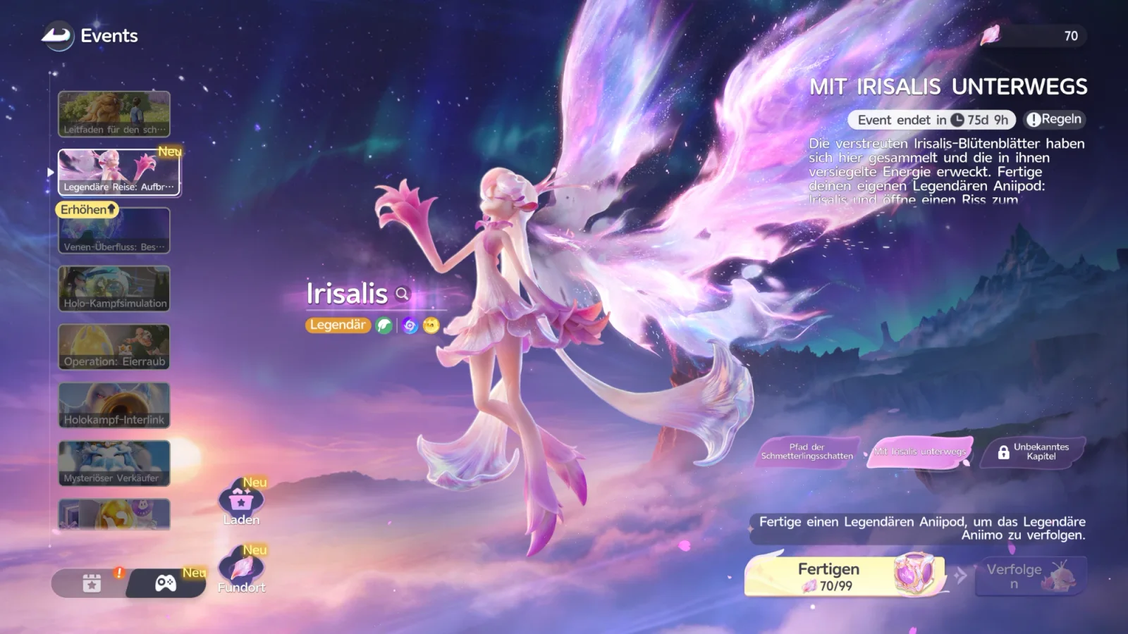 Event Mit Irisalis unterwegs (Legendäre Reise: Aufbruch im Wind): die Legendäre Irisalis, eine rosa-weiße Blütenfee mit großen Schmetterlingsflügeln, dazu die Anzeige Legendär, 70 Irisalis-Blütenblätter, Event endet in 75d 9h und die Schaltfläche Fertigen mit 70/99