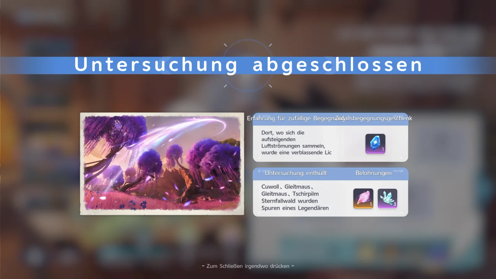 Ergebnisbildschirm Untersuchung abgeschlossen für den Sternfallwald: Illustration mit lila Trauerweiden und einem Lichtstreifen am Himmel, Zufallsbegegnungsgeschenk blauer Kristall 1, Belohnungen rosa Blütenblatt 1 und türkisfarbene Kristalle 3
