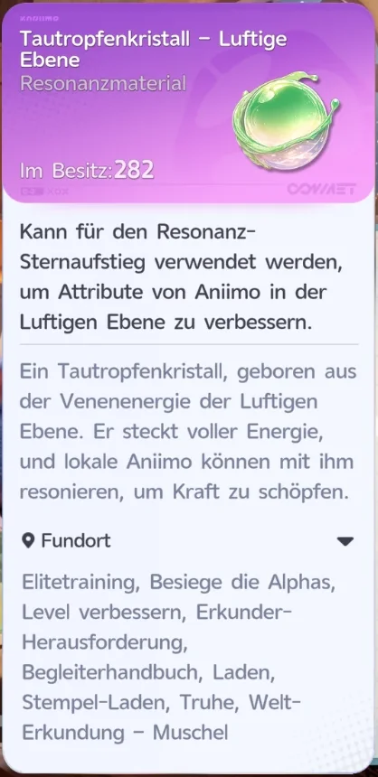 Item-Karte Tautropfenkristall Luftige Ebene, Resonanzmaterial für den Resonanz-Sternaufstieg, im Besitz 282, Fundorte wie Elitetraining und Laden