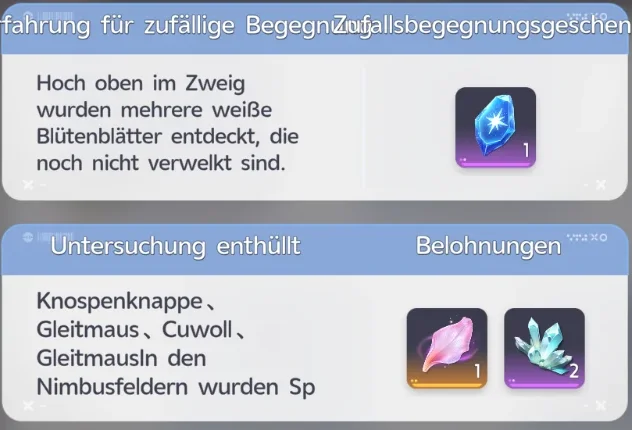 Belohnungen der Untersuchung: Zufallsbegegnungsgeschenk (blauer Kristall ×1) und Gebietsbelohnungen (rosa Blütenblatt ×1, türkisfarbene Kristalle ×2)