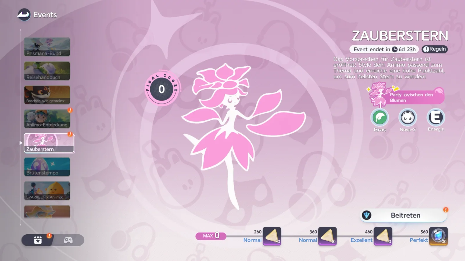 Menü Events, Eintrag Zauberstern (Party zwischen den Blumen): rosa Blumen-Silhouette, Punktzahl 0, Themen Gras, Nova-S und Energis, Event endet in 6d 23h, Schaltfläche Beitreten und unten die Meilensteine 260 Normal, 360 Normal, 460 Exzellent und 560 Perfekt mit Belohnungen