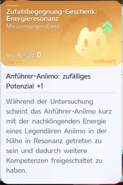 Item-Karte Zufallsbegegnung-Geschenk Energieresonanz: Anführer-Animo zufälliges Potenzial plus 1