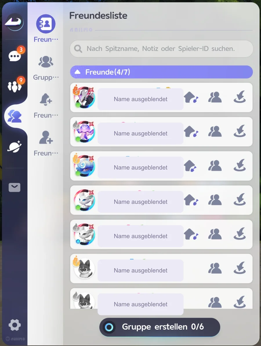 Freundesliste im Spiel: Suchfeld nach Spitzname, Notiz oder Spieler-ID, Freunde 4 von 7 mit Symbolen für Heimat besuchen und weitere Aktionen, unten Gruppe erstellen 0 von 6 (Namen ausgeblendet)