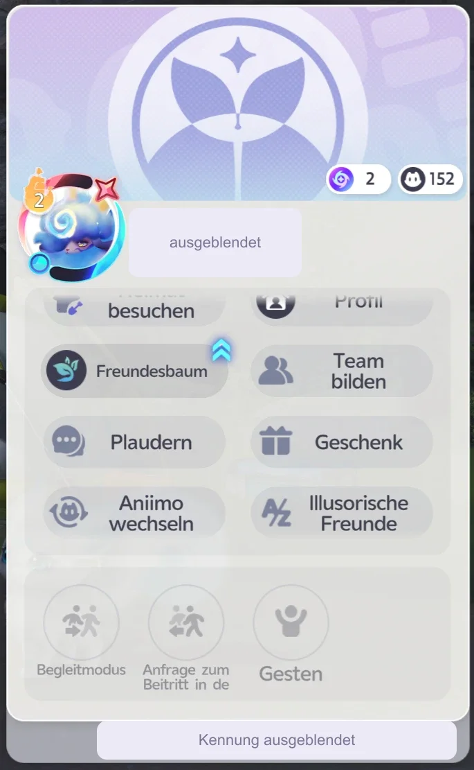 Freundesmenü im Spiel: Heimat besuchen, Profil, Freundesbaum, Team bilden, Plaudern, Geschenk, Aniimo wechseln, Illusorische Freunde sowie Begleitmodus, Anfrage zum Beitritt und Gesten (Name ausgeblendet)