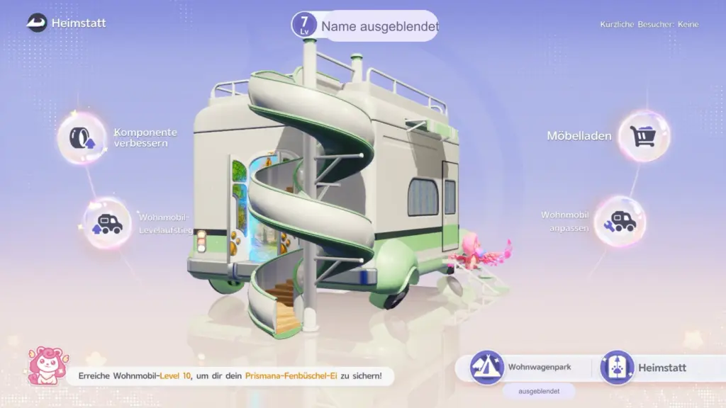 Heimstatt-Hauptbildschirm: Wohnmobil Level 7 mit Wendelrutsche, Menü Komponente verbessern, Wohnmobil-Levelaufstieg, Möbelladen und Wohnmobil anpassen, Hinweis auf das Prismana-Fenbüschel-Ei bei Level 10