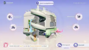 Heimstatt-Hauptbildschirm: Wohnmobil Level 7 mit Wendelrutsche, Menü Komponente verbessern, Wohnmobil-Levelaufstieg, Möbelladen und Wohnmobil anpassen, Hinweis auf das Prismana-Fenbüschel-Ei bei Level 10