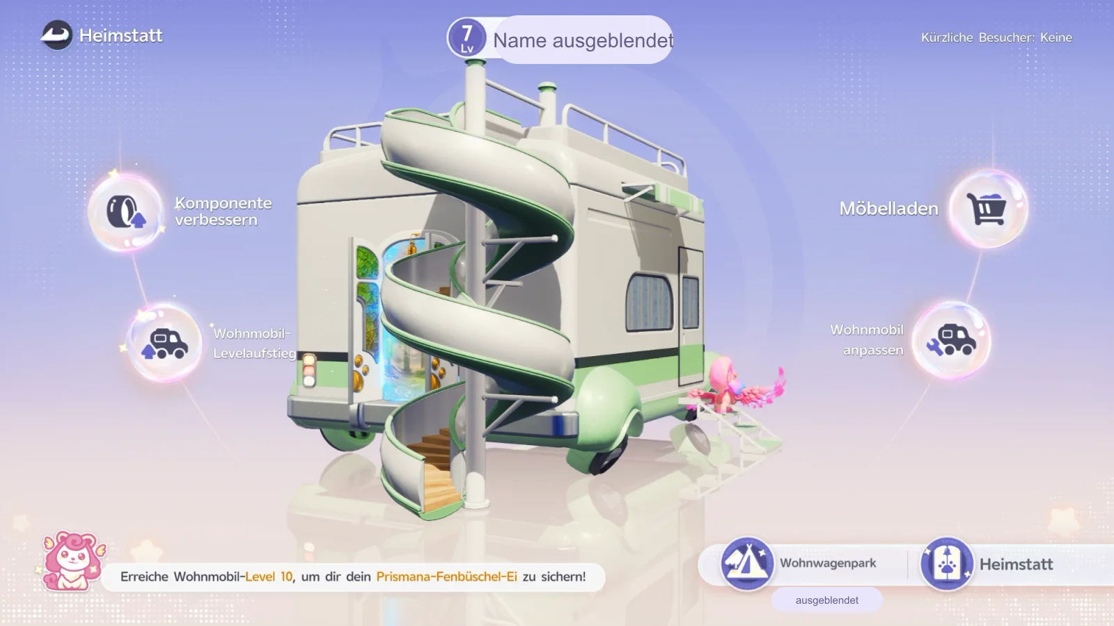 Heimstatt-Hauptbildschirm: Wohnmobil Level 7 mit Wendelrutsche, Menü Komponente verbessern, Wohnmobil-Levelaufstieg, Möbelladen und Wohnmobil anpassen, Hinweis auf das Prismana-Fenbüschel-Ei bei Level 10