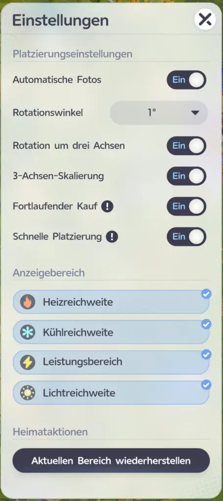 Heimstatt-Einstellungen in Aniimo: Rotationswinkel im Dropdown auf 1 Grad gestellt, dazu Rotation um drei Achsen und 3-Achsen-Skalierung eingeschaltet