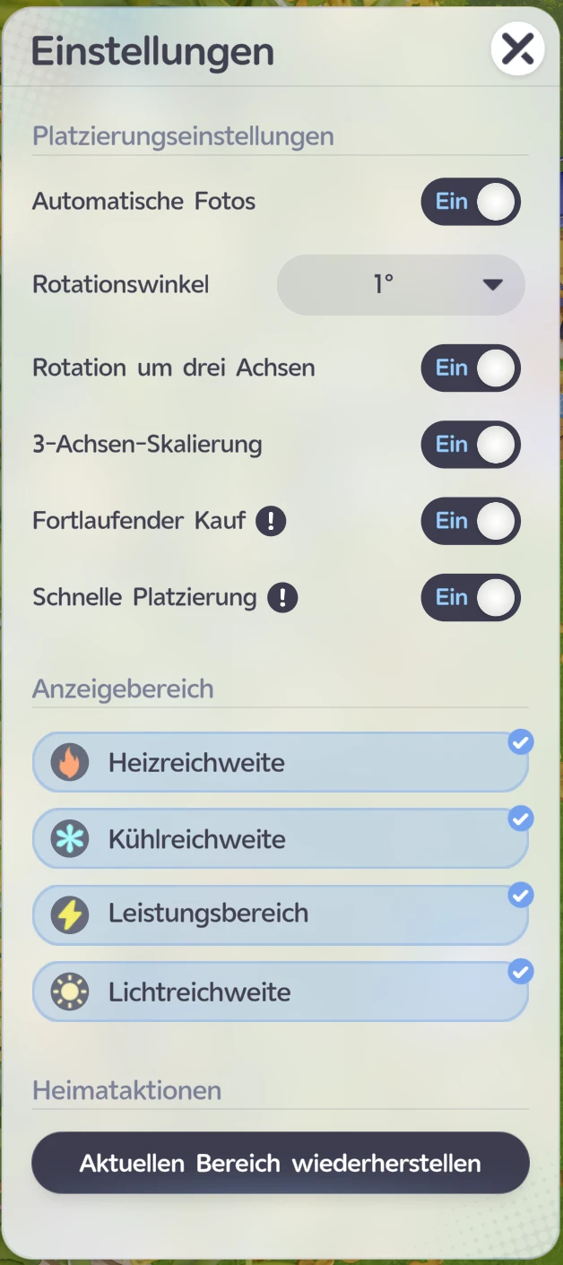 Heimstatt-Einstellungen in Aniimo: Rotationswinkel im Dropdown auf 1 Grad gestellt, dazu Rotation um drei Achsen und 3-Achsen-Skalierung eingeschaltet