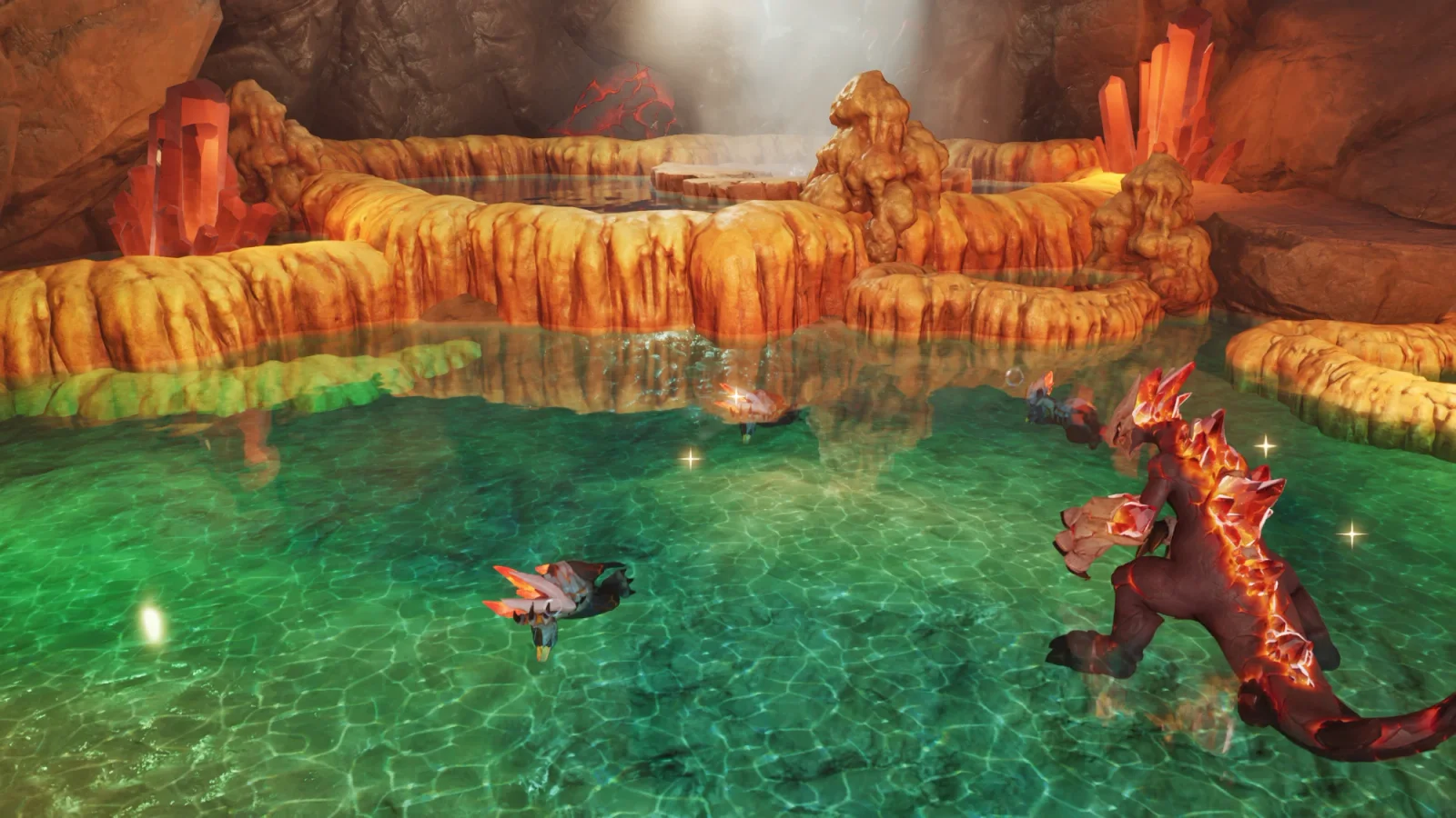 Ein türkisfarbener heißer Quellteich in einer Lavahöhle mit orange-braunem porösem Fels und roten Kristallen. Im Wasser schwimmen mehrere verschmolzene Aniimo-Formen, rechts vorn ein feuriges Aniimo mit spitzen Kristallrücken