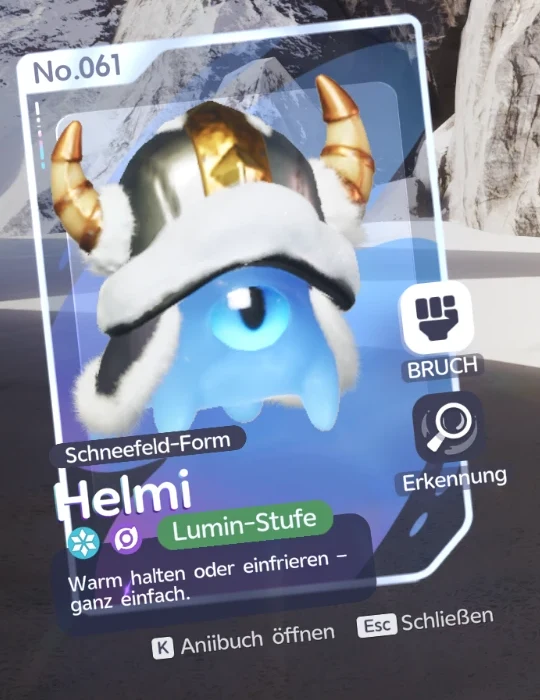 Aniibuch-Karte No.061 Helmi in Schneefeld-Form: blaues Aniimo mit Helm mit goldenen Hörnern, Lumin-Stufe, Symbole Eis und Dunkel, Rolle Bruch und Erkennung