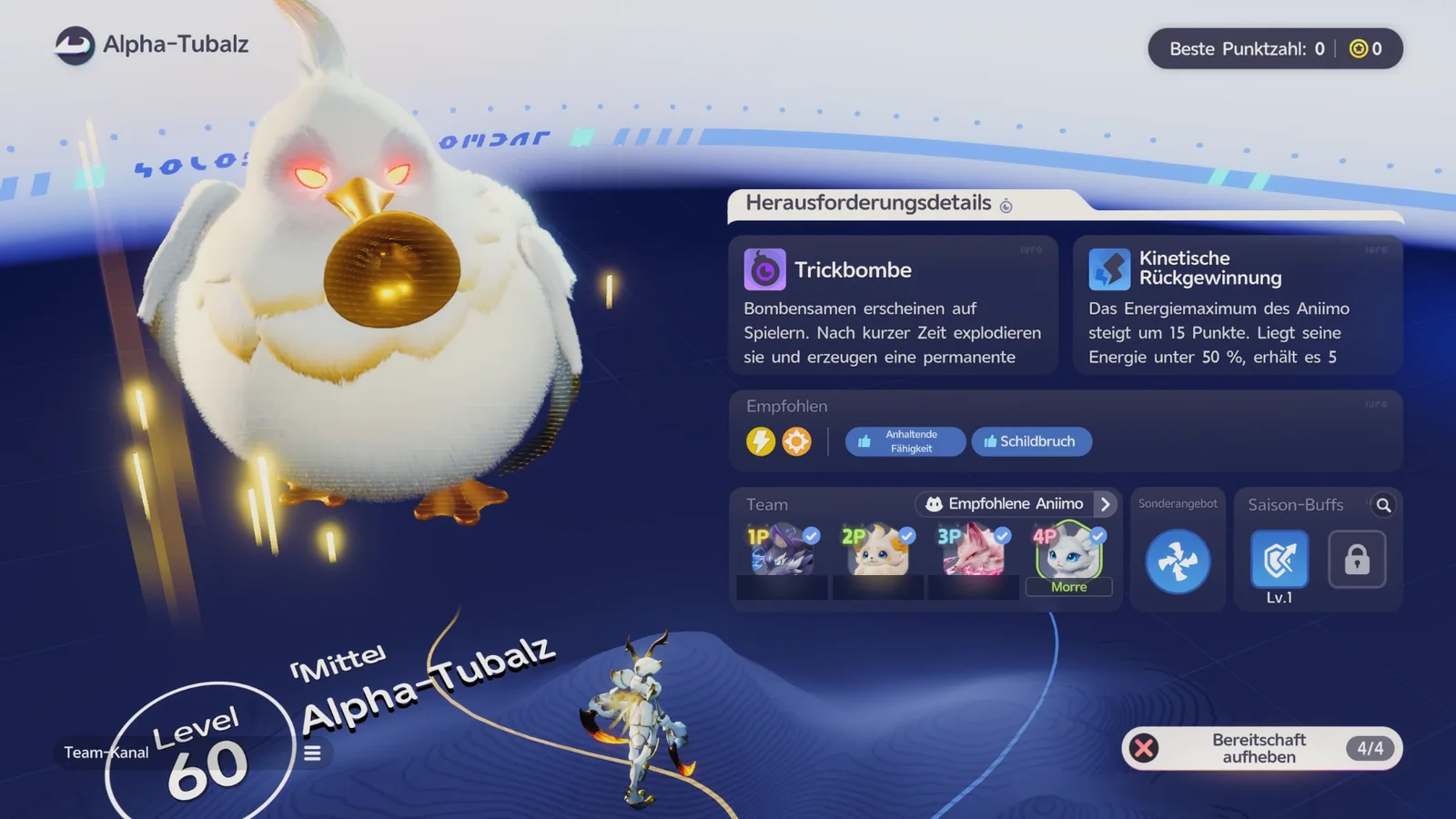 Herausforderungsdetails zu Alpha-Tubalz (Level 60): links der weiße Vogel mit goldenem Horn; rechts die Mechaniken Trickbombe und Kinetische Rückgewinnung, darunter Empfohlen mit Blitz- und Licht-Symbol sowie Anhaltende Fähigkeit und Schildbruch, ein Team aus vier Spielern (1P bis 4P) mit Bereitschaft 4/4, Sonderangebot und Saison-Buffs mit einem Buff auf Lv. 1