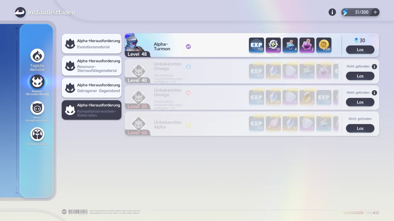 Institutsleitfaden mit den Alpha-Herausforderungen: Alpha-Turmon Level 48 mit Belohnungen und 30 Primegy, darunter zwei unbekannte Omega und ein unbekannter Alpha