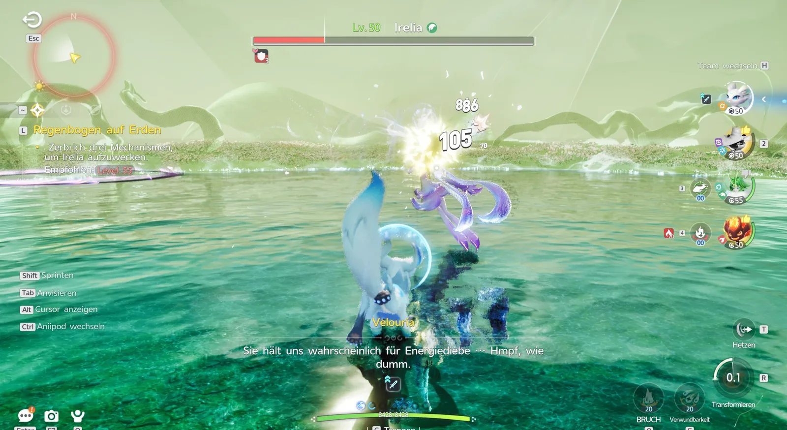 Bosskampf gegen Irelia (Level 50) im Wasser, Quest Regenbogen auf Erden: Zerbrich drei Mechanismen, um Irelia aufzuwecken, empfohlen Level 55