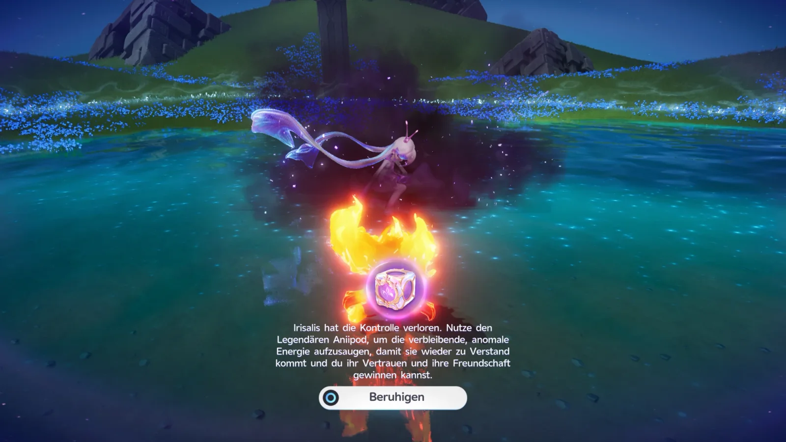 Am Ende der Risserkundung: Irisalis, von dunkler Energie umgeben, schwebt über einem Wasserlauf, davor der leuchtende Legendäre Aniipod als Würfel, dazu der Text Irisalis hat die Kontrolle verloren und die Schaltfläche Beruhigen