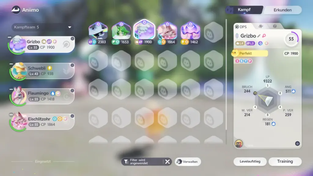 Aniimo-Menü Kampfteam 5 mit fünf Aniimo in der oberen Reihe, darunter Grizbo Level 55 CP 1900, Eischlitzohr CP 1864 und Lumeni CP 1462; rechts die Werte von Grizbo mit Rolle DPS und Perfekt