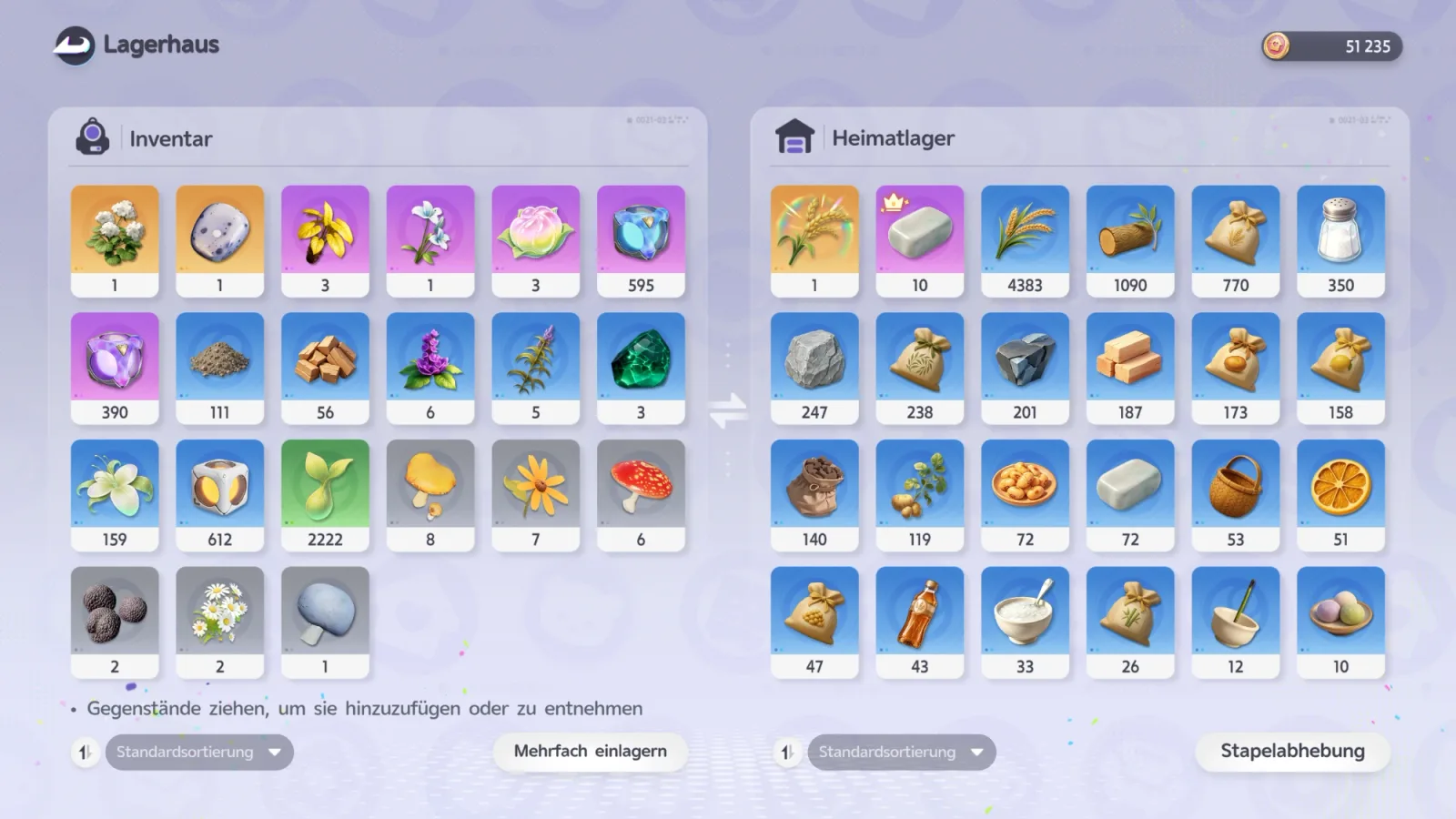 Lagerhaus im Spiel: links das Inventar, rechts das Heimatlager mit Items in Farben nach Seltenheit