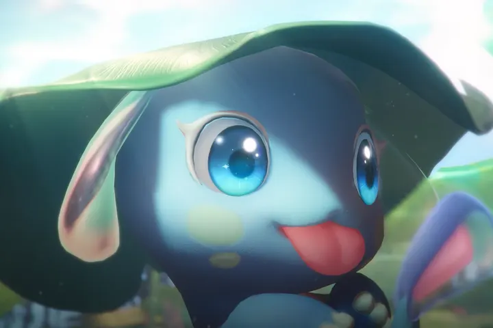 A blue creature hiding under a large leaf