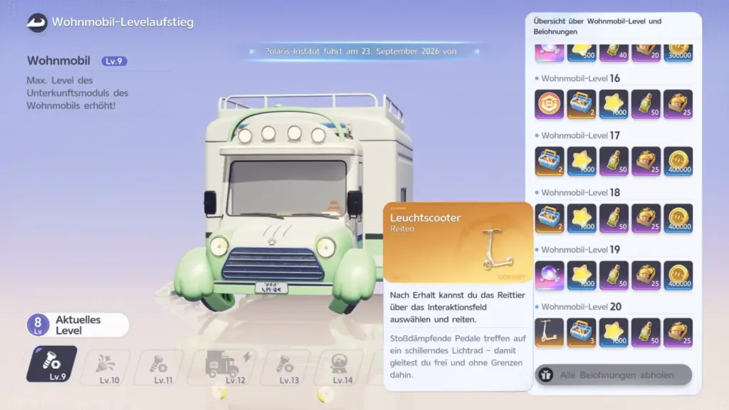 Menü Wohnmobil-Levelaufstieg: Links das Wohnmobil-Modell, aktuelles Level 8, rechts die Belohnungsliste für Wohnmobil-Level 16 bis 20, bei Level 20 eine Karte „Leuchtscooter, Reiten“ mit einem weißen Tretroller und dem Text „Nach Erhalt kannst du das Reittier über das Interaktionsfeld auswählen und reiten“