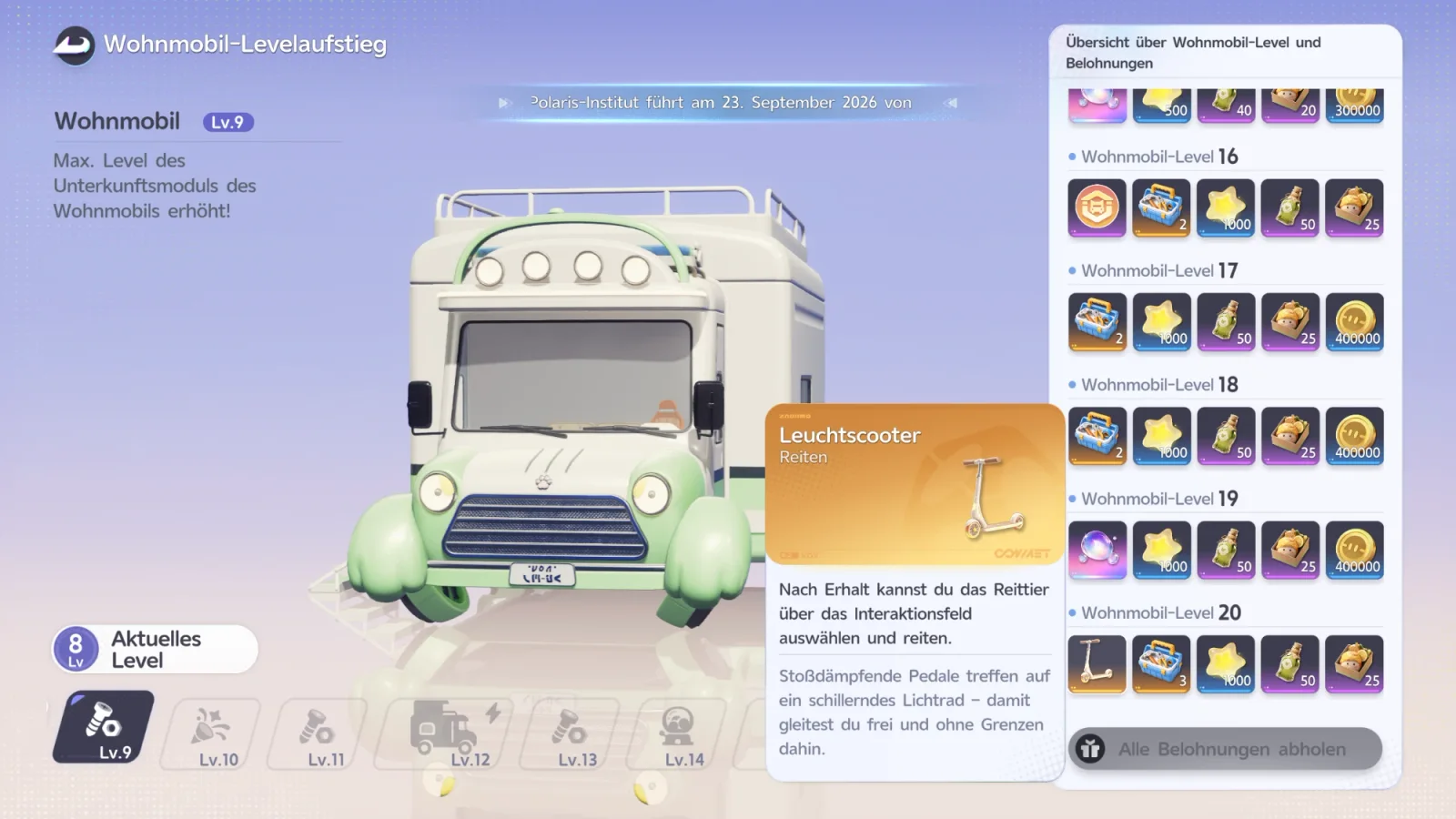 Menü Wohnmobil-Levelaufstieg: Links das Wohnmobil-Modell, aktuelles Level 8, rechts die Belohnungsliste für Wohnmobil-Level 16 bis 20, bei Level 20 eine Karte „Leuchtscooter, Reiten“ mit einem weißen Tretroller und dem Text „Nach Erhalt kannst du das Reittier über das Interaktionsfeld auswählen und reiten“