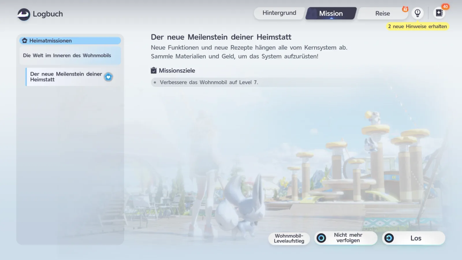 Logbuch im Spiel, Reiter Mission: Heimatmission Der neue Meilenstein deiner Heimstatt mit dem Ziel Verbessere das Wohnmobil auf Level 7