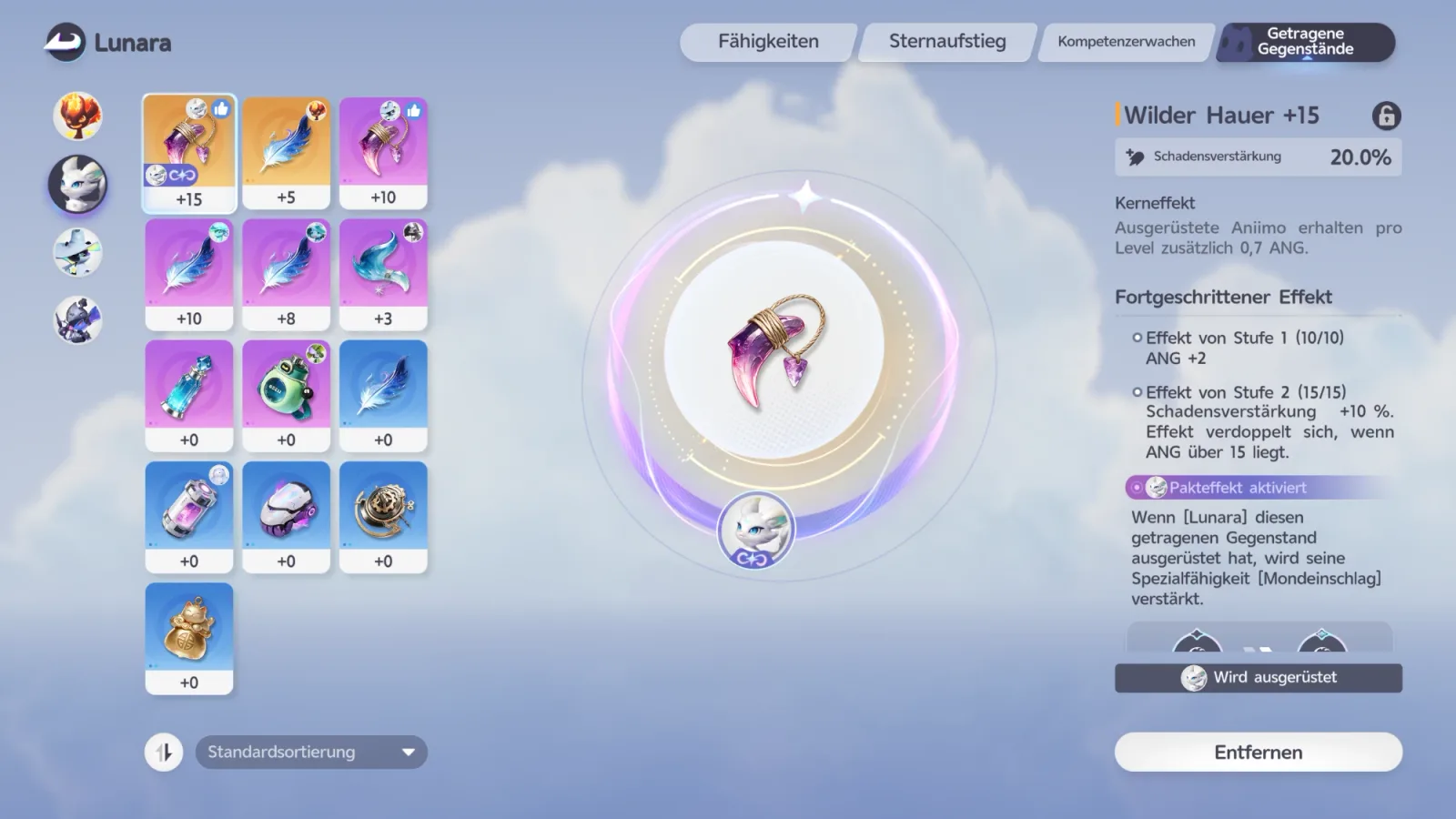 Lunara im Reiter Getragene Gegenstände: Liste mit Items und die Details des Wilden Hauers +15 mit Kerneffekt, fortgeschrittenem Effekt und Pakteffekt