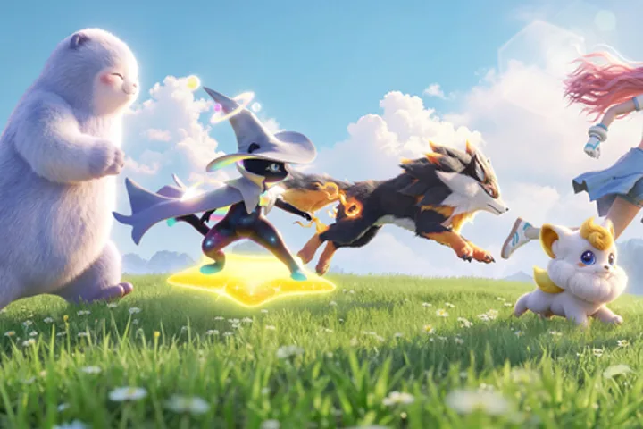Trainer running across a meadow with Aniimo companions